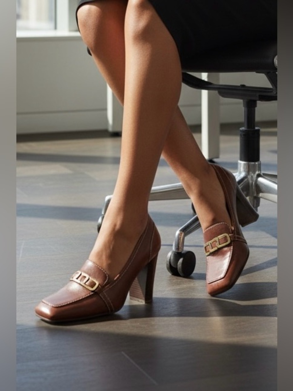 Nine West Brown Leather Heeled Loafers Square Toe Block Heel 8.5M